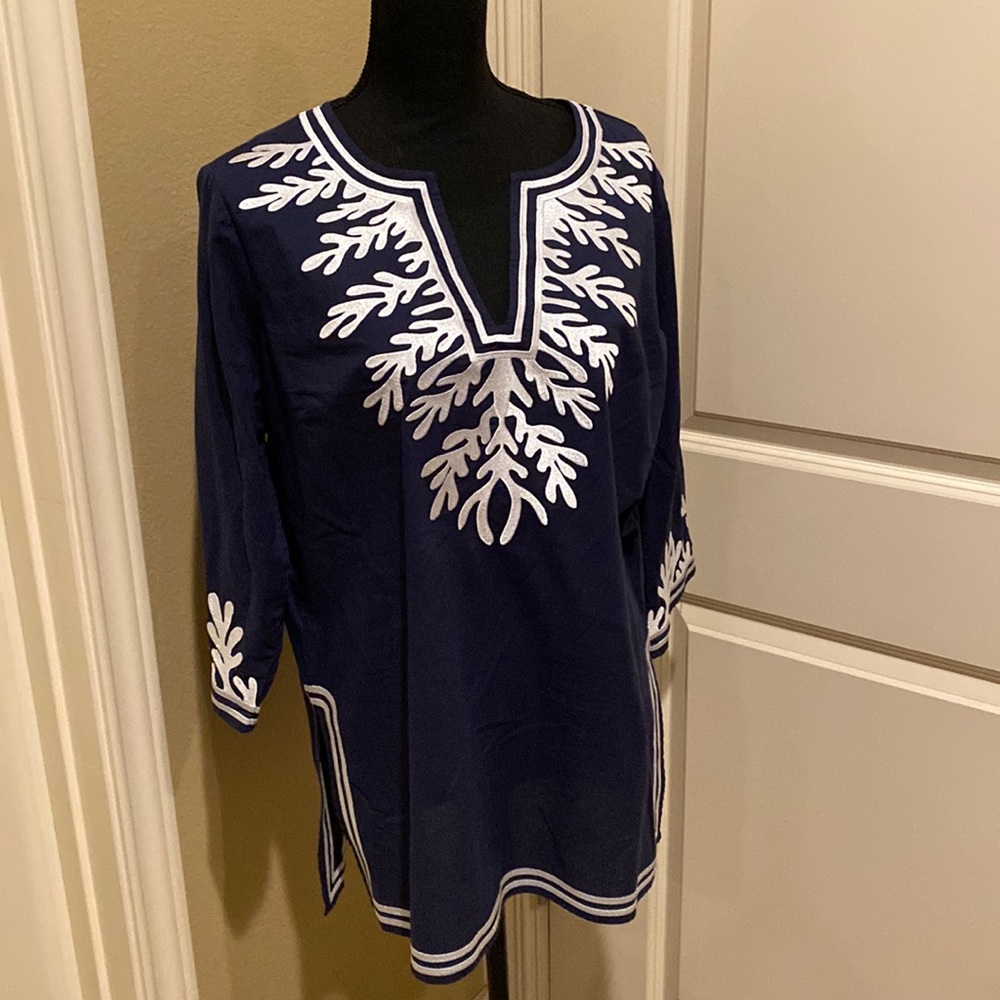 Gretchen Scott navy and blue embroidered tunic - the reef